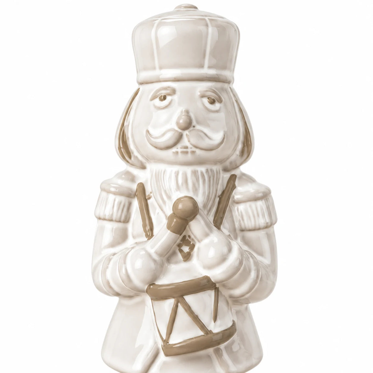 21cm small white glazed ceramic nutcracker drummer close-up showing the sculpted face, hat and drum