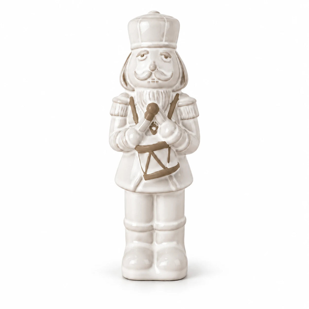 21cm small white glazed ceramic nutcracker drummer shown in full against a white studio background