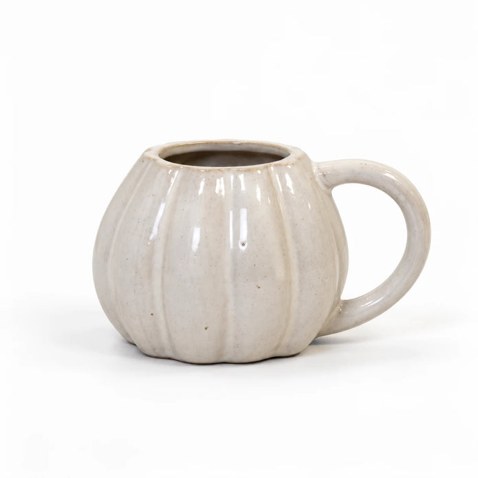 White ceramic pumpkin mug for autumn, featuring a smooth finish and festive pumpkin design by Satchville.