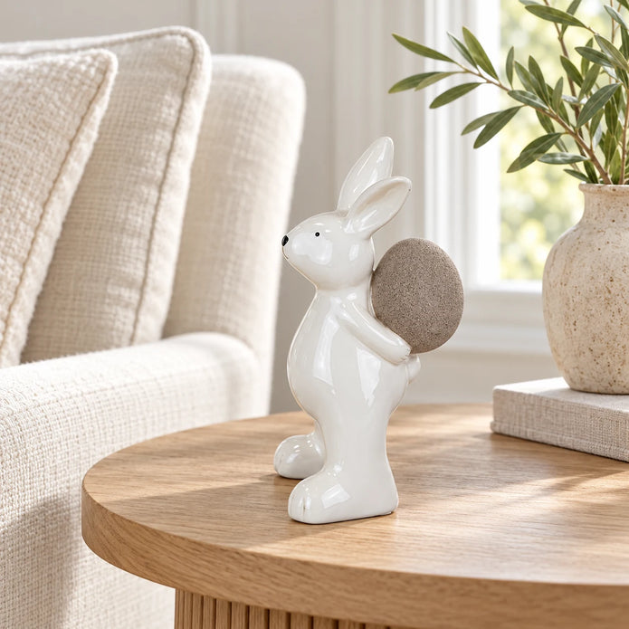 Large white ceramic rabbit holding a taupe egg, 21cm tall, on an oak side table beside a cream linen armchair.