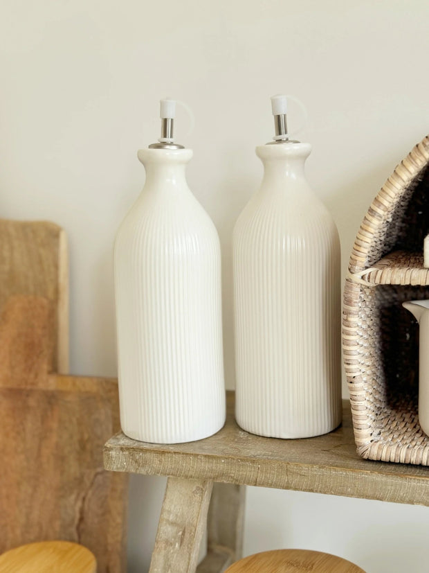 White Ceramic Ribbed Oil Bottle - Kitchen & DiningKitchen & Dining - Lulu Loves Home