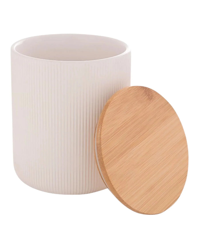 White Ceramic Ribbed Storage Jar with Wooden Lid - Kitchen & DiningKitchen & Dining - Lulu Loves Home