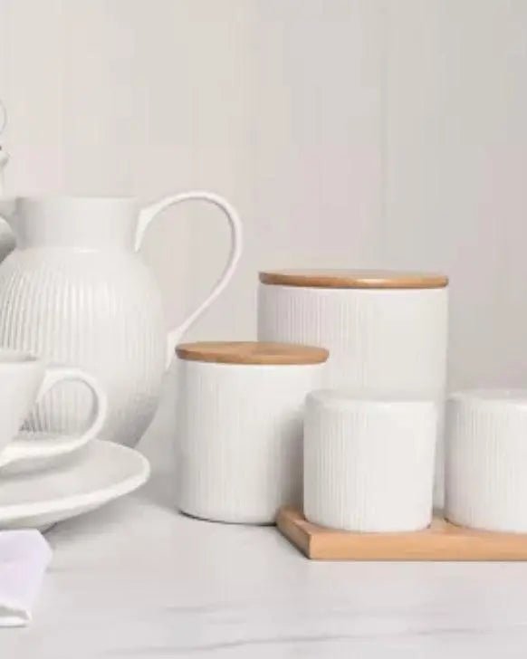 White Ceramic Ribbed Storage Jar with Wooden Lid - Kitchen & DiningKitchen & Dining - Lulu Loves Home