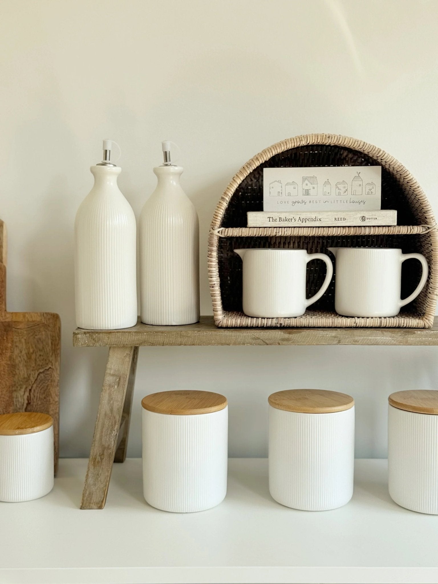 White Ceramic Ribbed Storage Jar with Wooden Lid - Kitchen & DiningKitchen & Dining - Lulu Loves Home