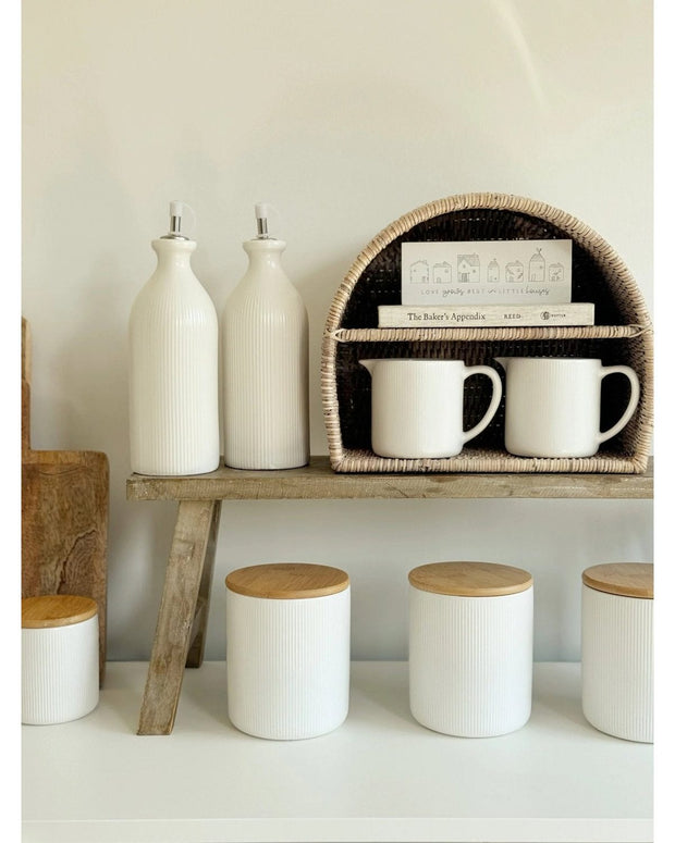 White Ceramic Ribbed Storage Jar with Wooden Lid - Kitchen & DiningKitchen & Dining - Lulu Loves Home