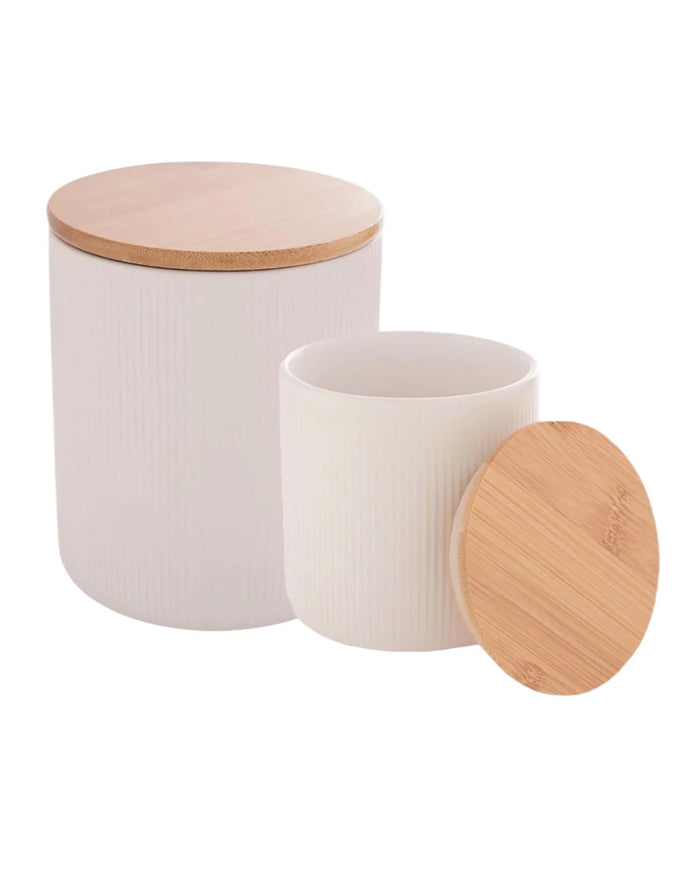 White Ceramic Ribbed Storage Jar with Wooden Lid - Kitchen & DiningKitchen & Dining - Lulu Loves Home