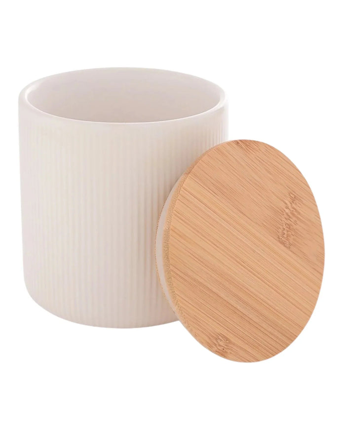 White Ceramic Ribbed Storage Jar with Wooden Lid - Kitchen & DiningKitchen & Dining - Lulu Loves Home