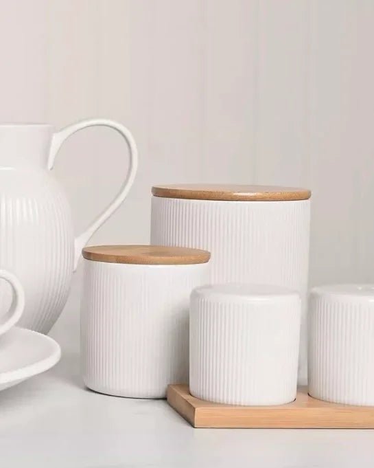 White Ceramic Ribbed Storage Jar with Wooden Lid - Kitchen & DiningKitchen & Dining - Lulu Loves Home
