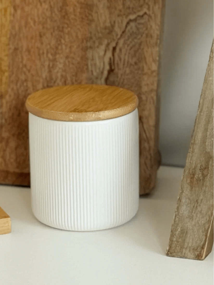 White Ceramic Ribbed Storage Jar with Wooden Lid - Kitchen & DiningKitchen & Dining - Lulu Loves Home