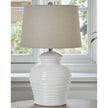 White ceramic ribbed urn-style lamp with textured linen shade, 62cm tall, by Hill Interiors, designed for elegant lighting.
