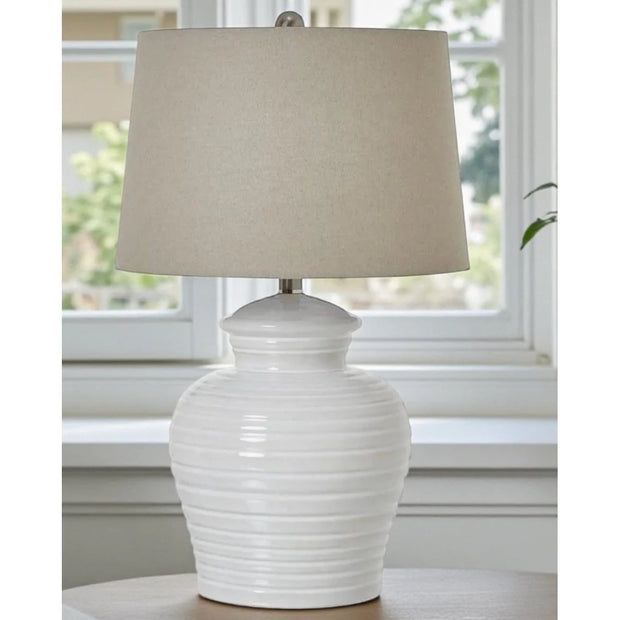 White ceramic ribbed urn-style lamp with textured linen shade, 62cm tall, by Hill Interiors, designed for elegant lighting.