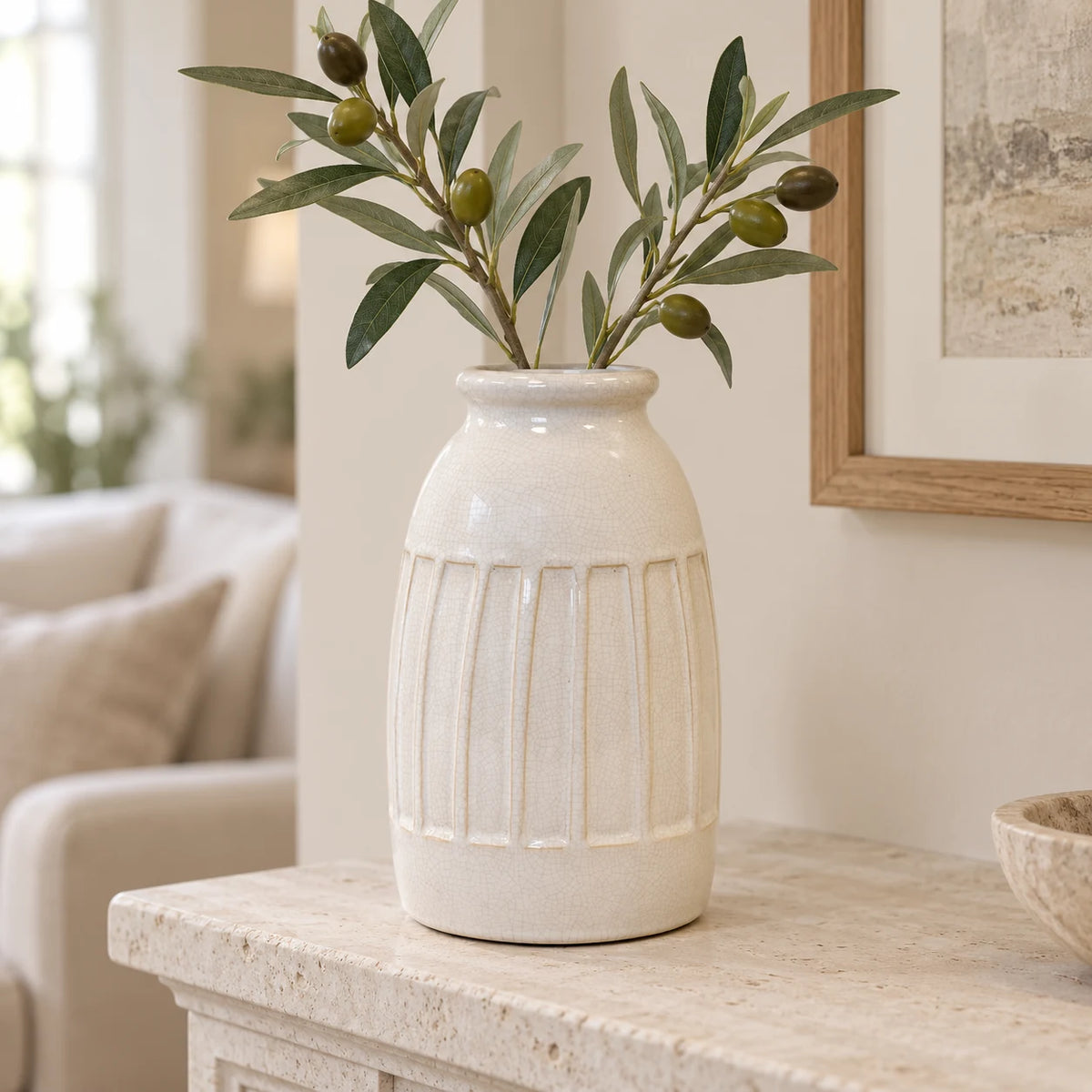 Medium white ceramic ribbed vase by Satchville, featuring a sleek design, perfect for mantel or decorative display.