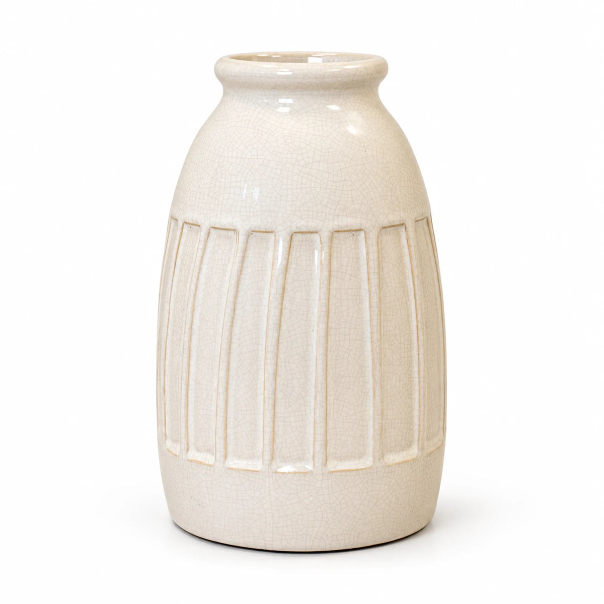 Medium white ceramic ribbed vase by Satchville, featuring a smooth, glossy finish and modern ribbed design.
