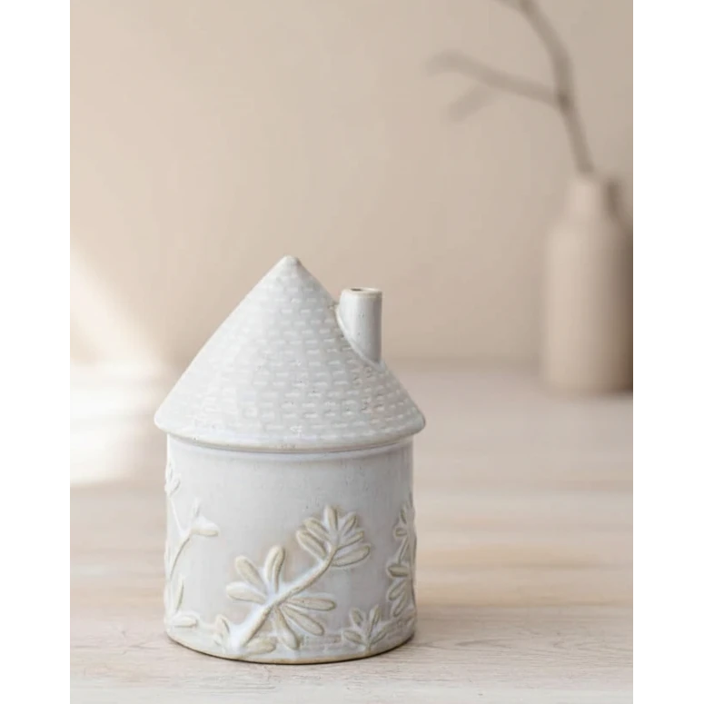 White ceramic round house with flower detailing, perfect for spring decor by Gainsborough Giftware.