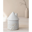 White ceramic round house with flower detailing, perfect for spring decor by Gainsborough Giftware.