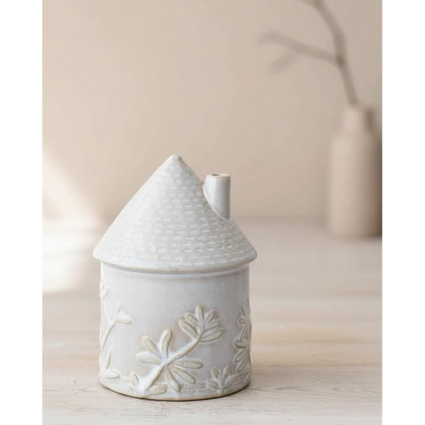 White ceramic round house with flower detailing, perfect for spring decor by Gainsborough Giftware.