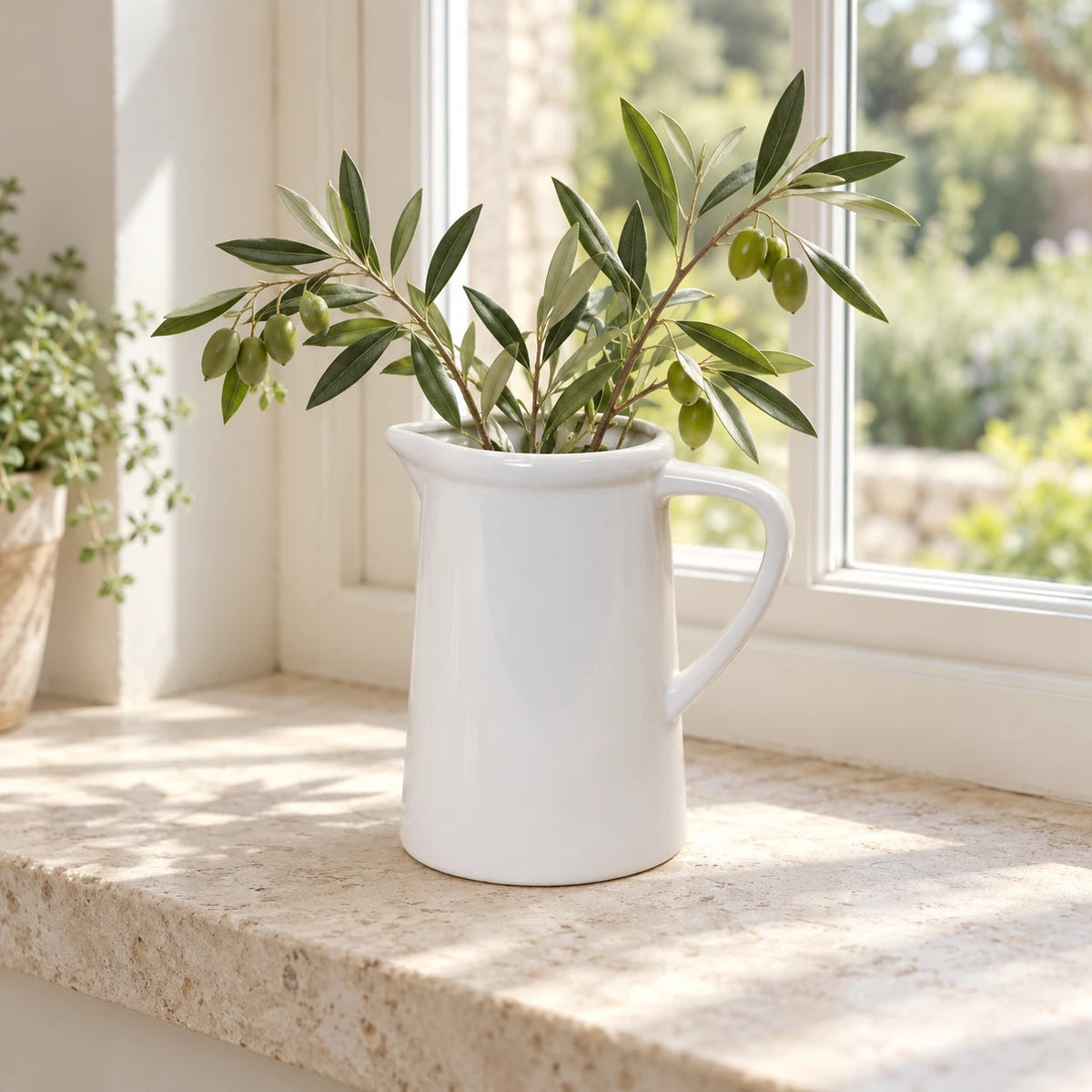 White ceramic small flower jug vase by Satchville, featuring a smooth finish and compact design for floral arrangements.
