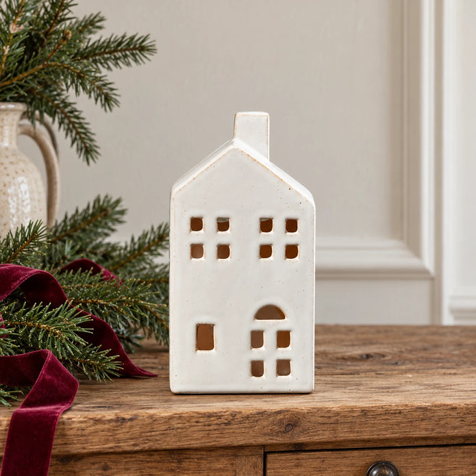 Satchville large white ceramic house tealight candle holder, 17cm Christmas decoration