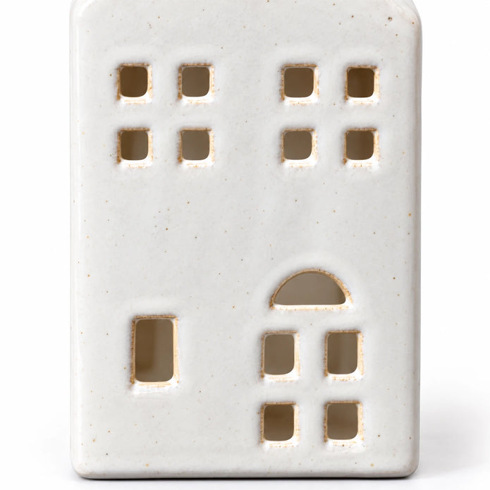 White ceramic house tealight candle holder by Satchville, large 17cm, with glossy glazed finish detail