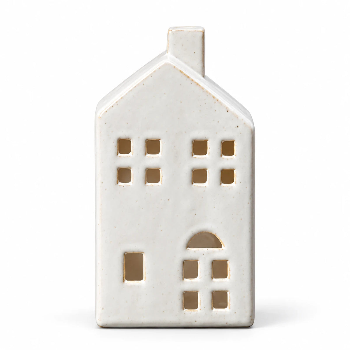Satchville large white ceramic house tealight candle holder for Christmas, 17cm, on a white background