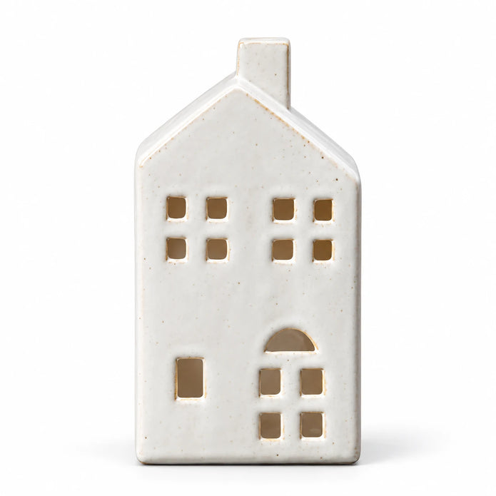 Satchville large white ceramic house tealight candle holder for Christmas, 17cm, on a white background
