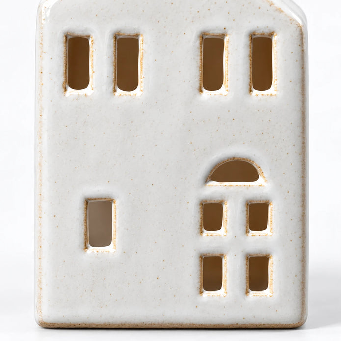 Satchville white ceramic house tealight candle holder, medium 13cm, glossy glaze detail