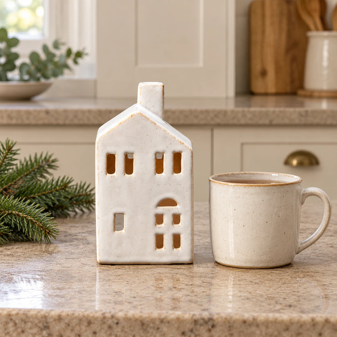 White ceramic house tealight candle holder by Satchville, medium 13cm, displayed on a kitchen scale
