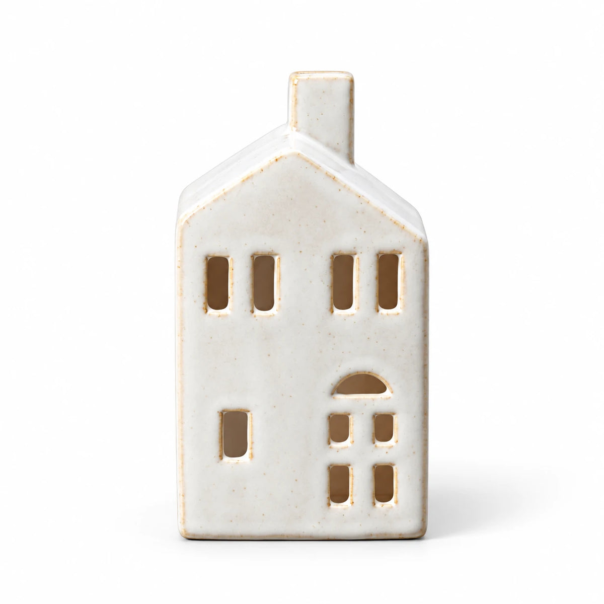 White ceramic Satchville house tealight candle holder, medium 13cm, shown against a white background