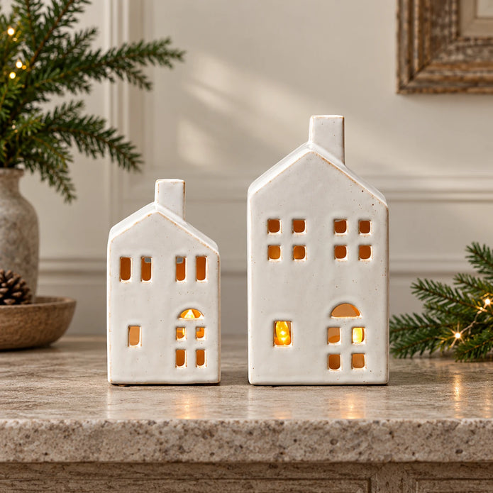 White ceramic Christmas house tealight candle holder by Satchville, medium 13cm