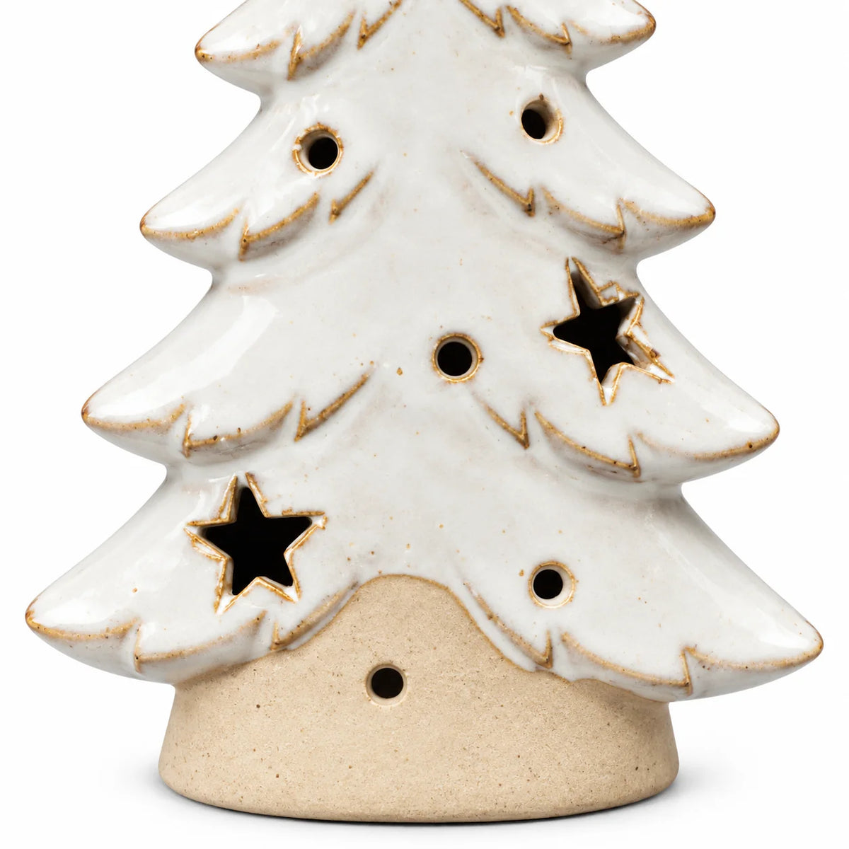 Small white Satchville ceramic Christmas tree tealight candle holder detail