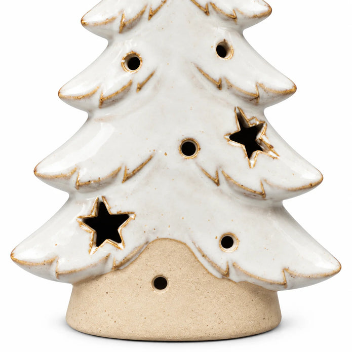Small white Satchville ceramic Christmas tree tealight candle holder detail