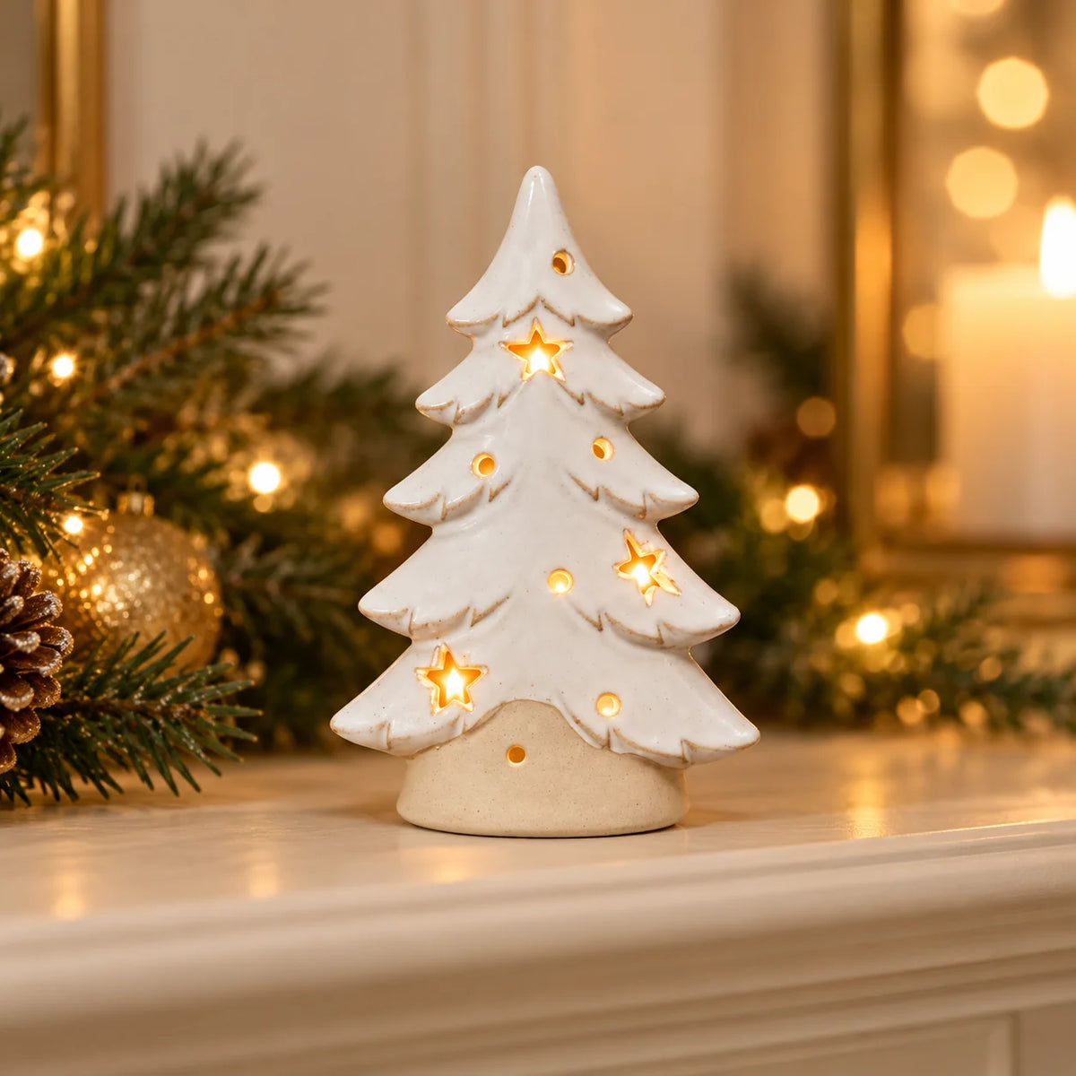 Satchville small white ceramic Christmas tree tealight candle holder on a mantel