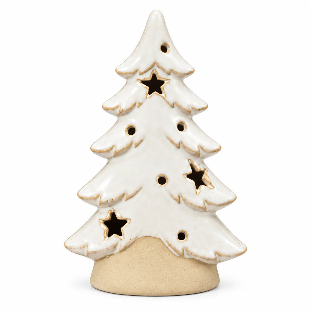 White ceramic Christmas tree tealight candle holder by Satchville, small size, shown in studio lighting