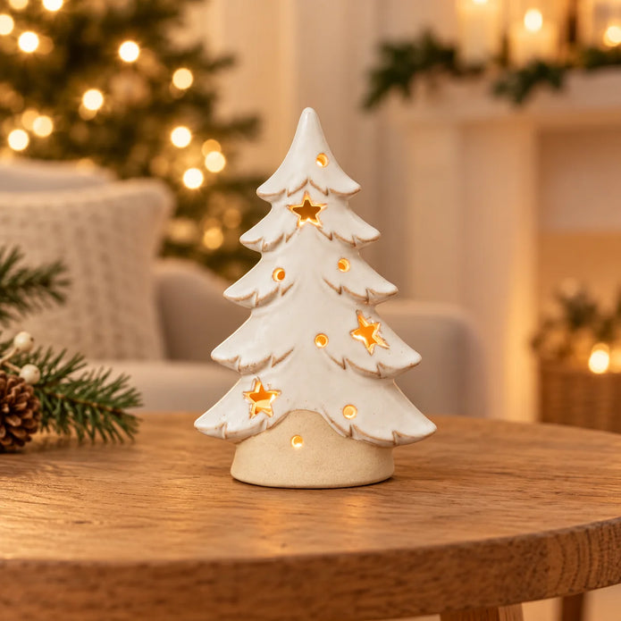 Satchville small white ceramic Christmas tree tealight candle holder on a table
