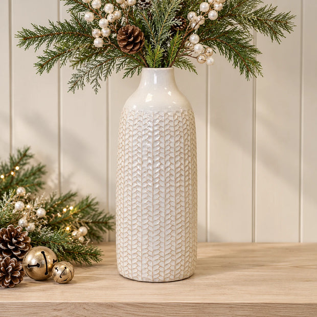 White ceramic textured vase by Satchville, 38cm tall, featuring a smooth finish and elegant design for floral arrangements.