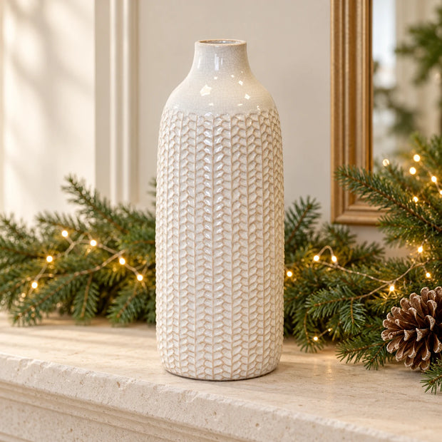 White ceramic textured vase from Satchville, 38cm tall, ideal for mantel or decorative display.