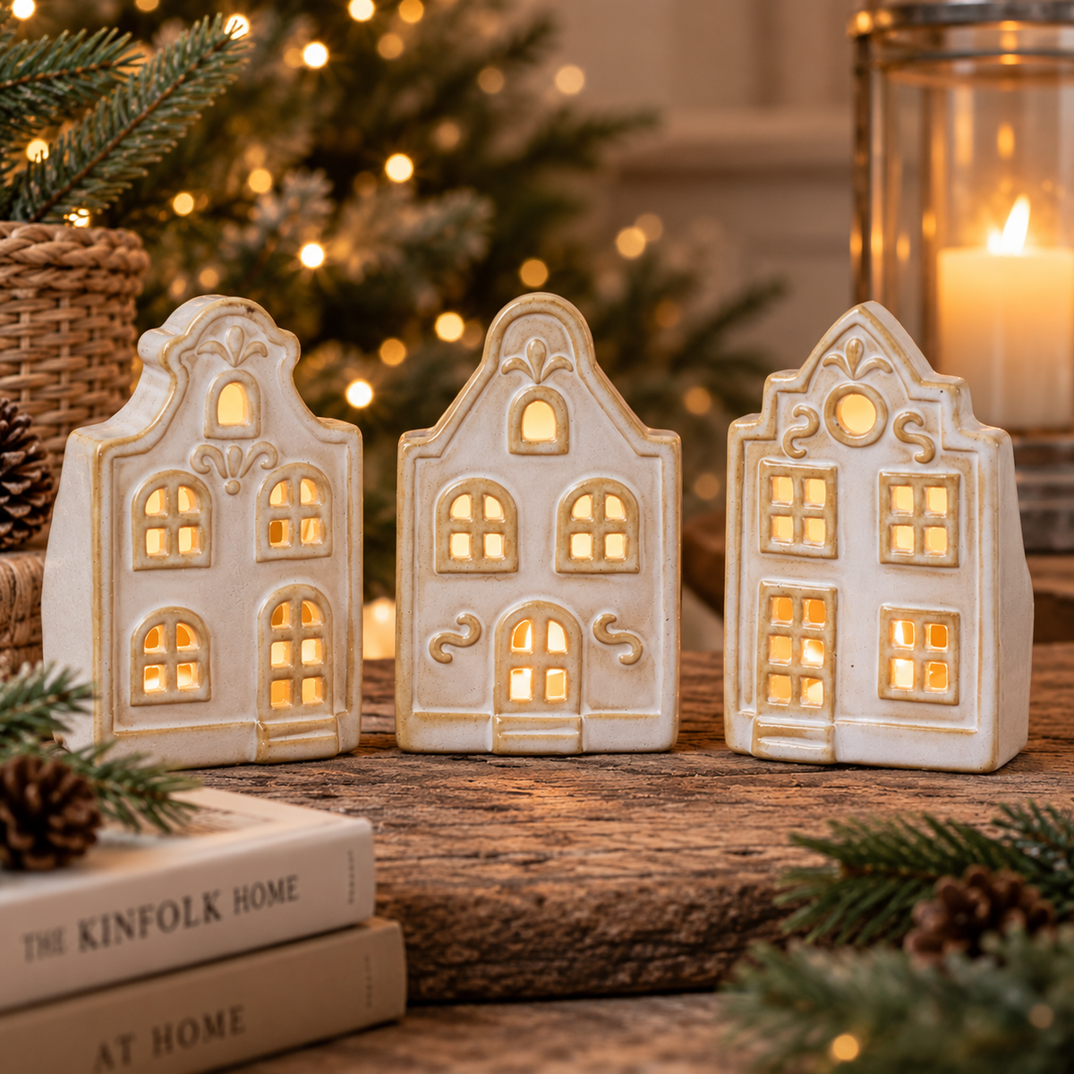 Three assorted white ceramic Dutch house tealight holders glowing on a rustic Christmas mantel display
