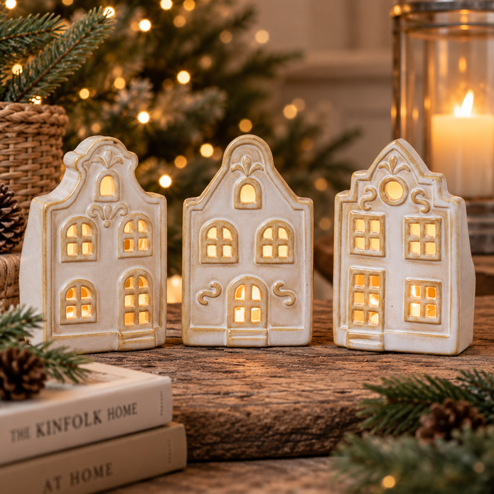 Three assorted white ceramic Dutch house tealight holders glowing on a rustic Christmas mantel display