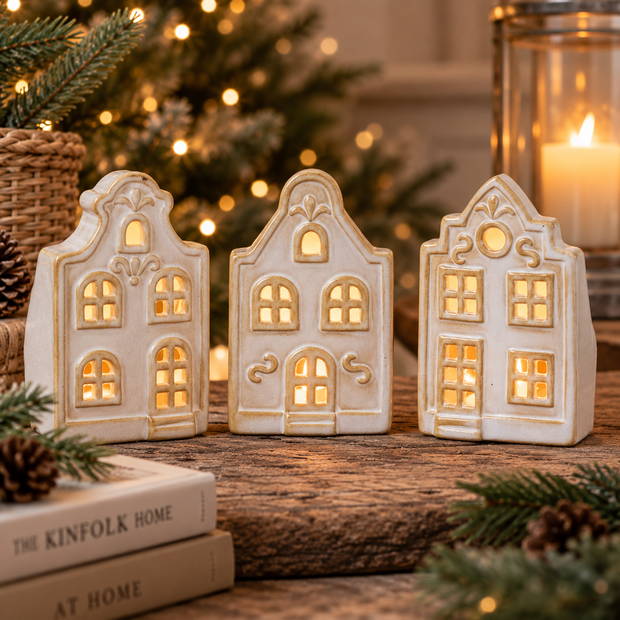 Three assorted white ceramic Dutch house tealight holders glowing on a rustic Christmas mantel display