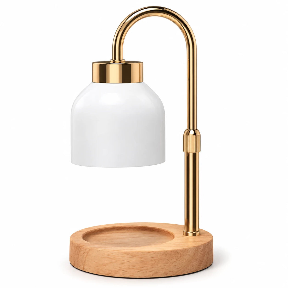 Close-up of white enamel-effect lamp shade and gold-coloured adjustable support