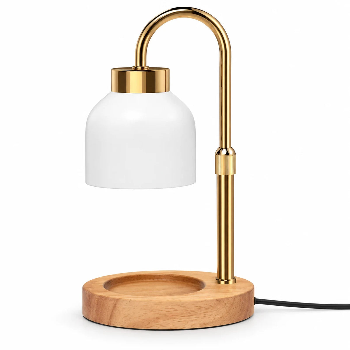 White enamel-effect candle warmer lamp with gold-coloured arm and wooden base on white
