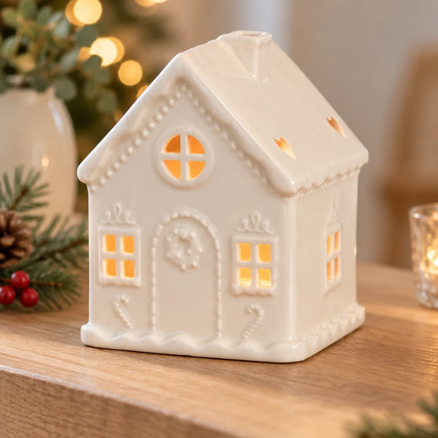 White Christmas gingerbread house tealight candle holder by Something Different Wholesale