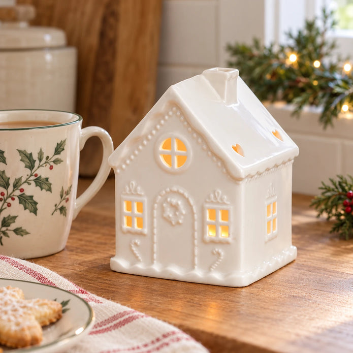 White gingerbread house tealight candle holder by Something Different Wholesale beside a kitchen scale