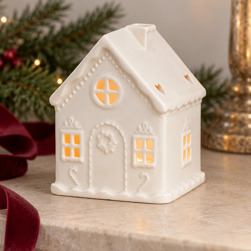 White Christmas gingerbread house tealight candle holder by Something Different Wholesale
