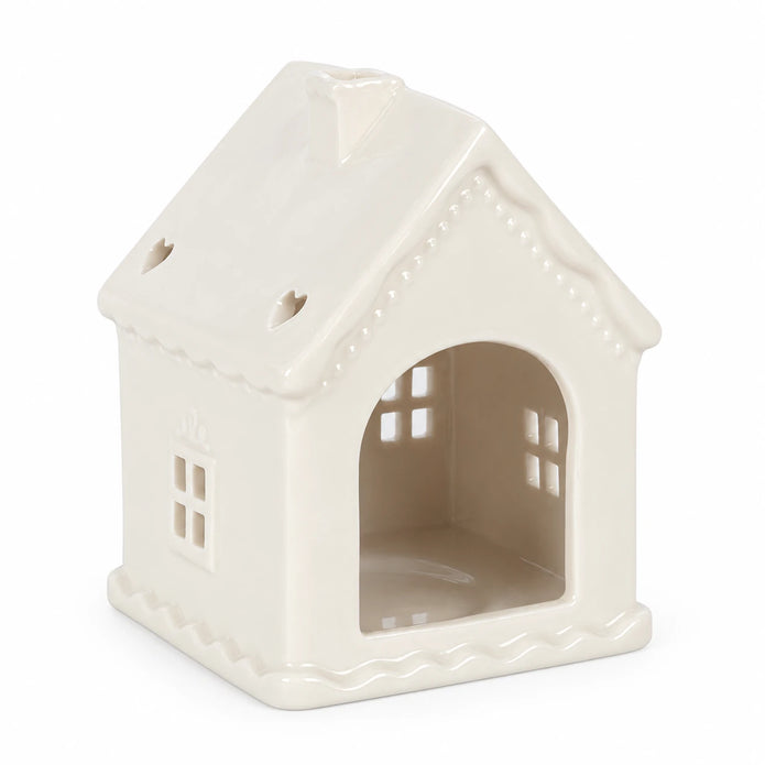 White Christmas gingerbread house tealight candle holder, rear detail by Something Different Wholesale