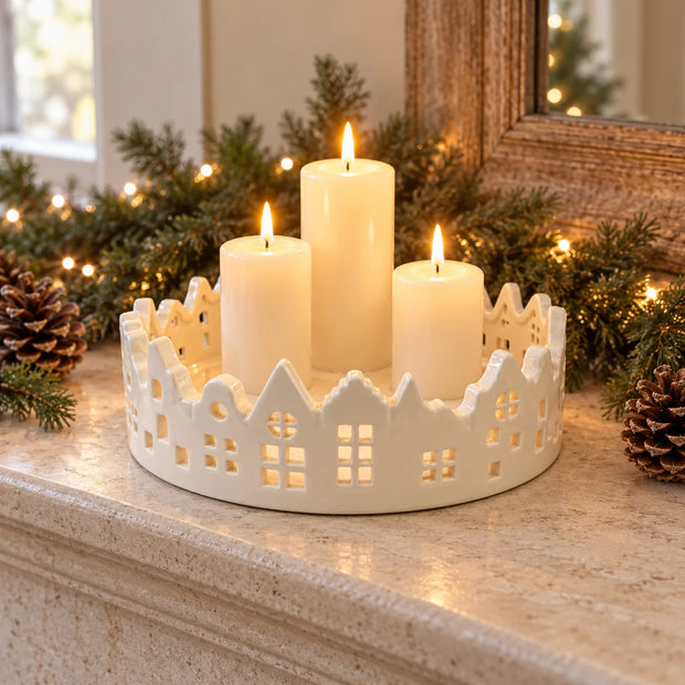 White glazed ceramic candle tray with silhouette houses Christmas design by Satchville, perfect for holiday decor.