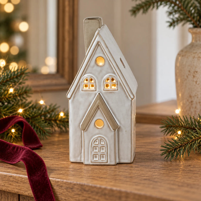 Satchville white-glazed ceramic LED light-up Christmas house, 17cm décor item