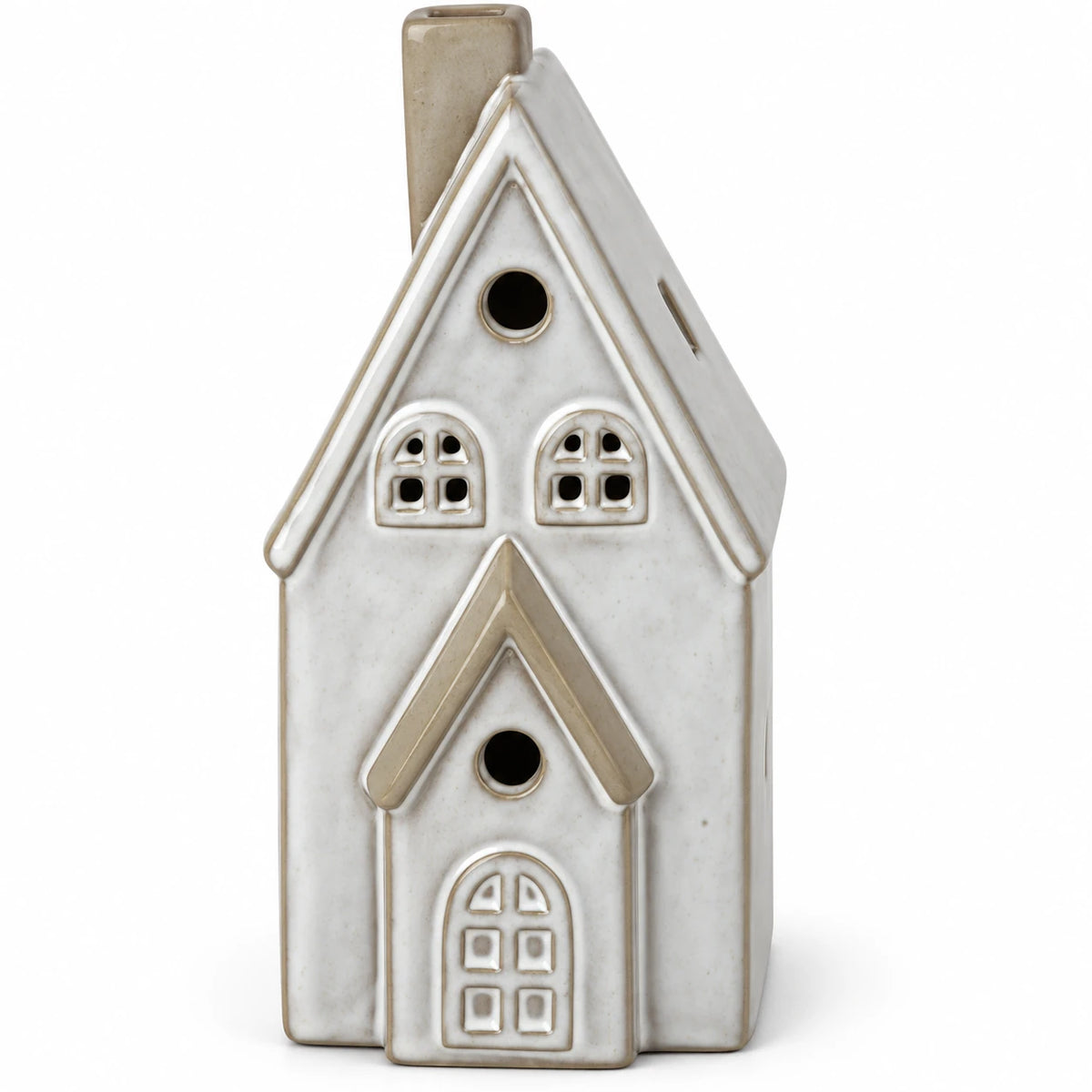 Satchville white glazed ceramic Christmas house with LED light, 17cm glaze detail