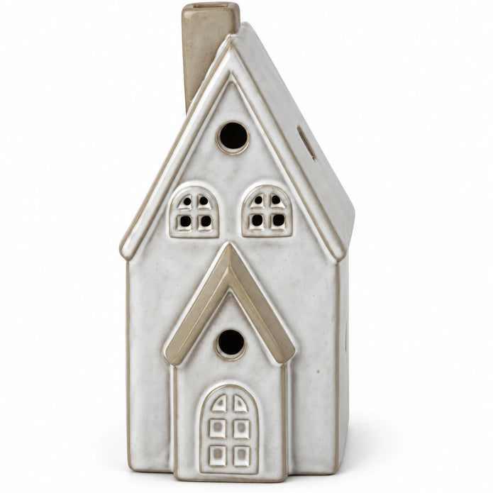 Satchville white glazed ceramic Christmas house with LED light, 17cm glaze detail