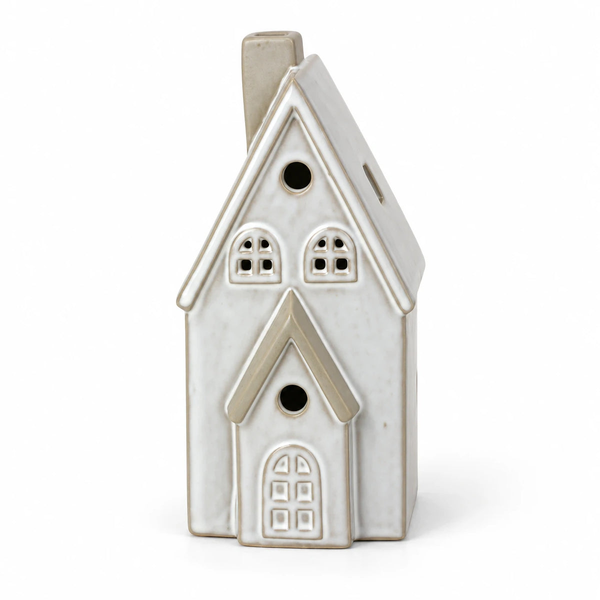 Satchville white glazed ceramic LED Christmas house light, 17cm, on a white studio background